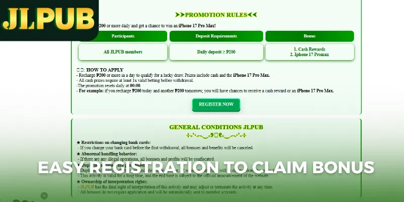 Jlpub Promotions 4 Easy registration to claim bonus