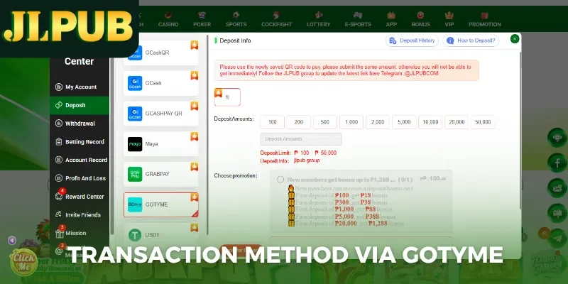 Jlpub Deposit 3 Transaction method via GOTYME